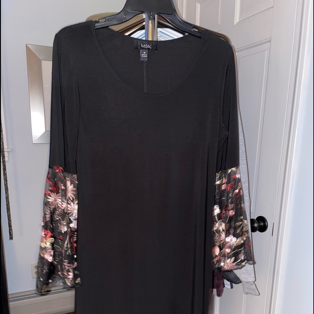 MSK black dress and floral sleeve